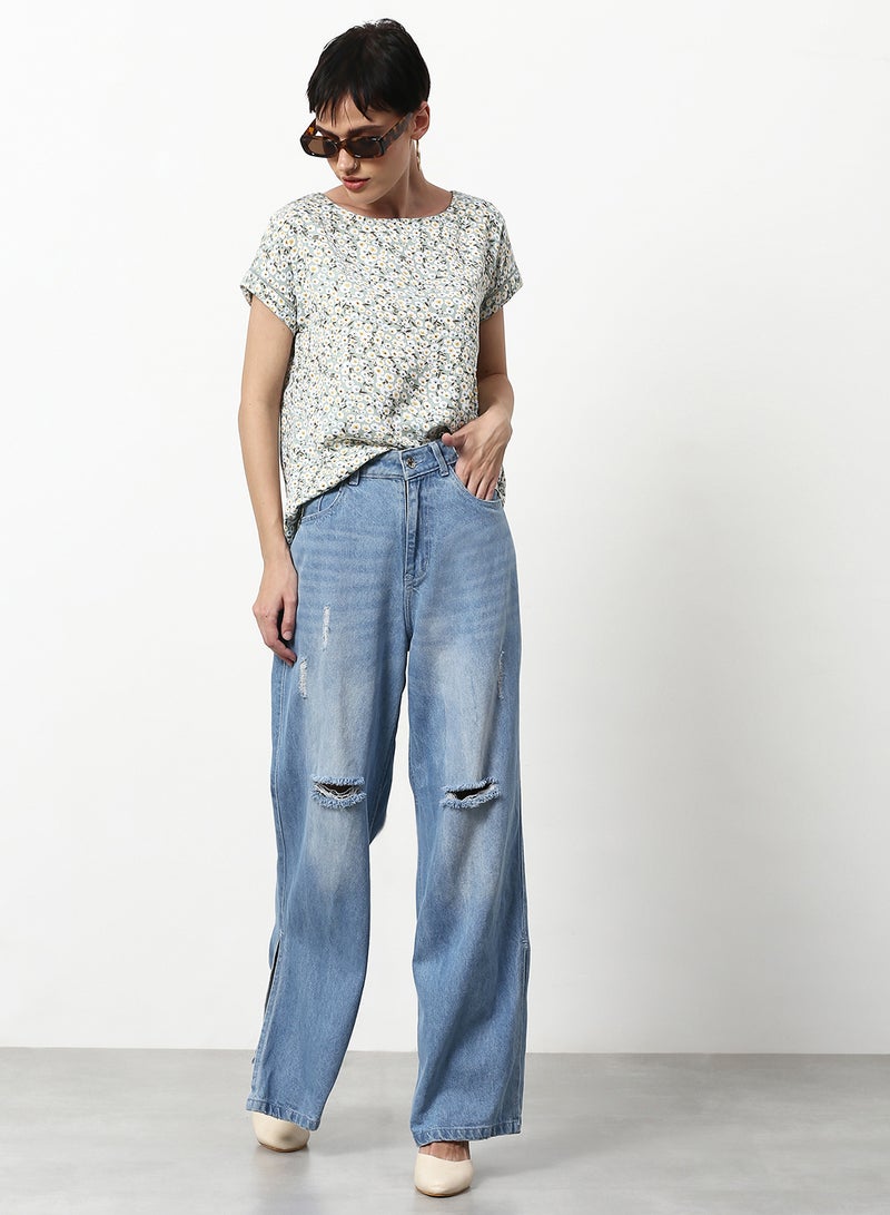 ABOF Floral Printed Casual Woven Top Light Blue - Image 3