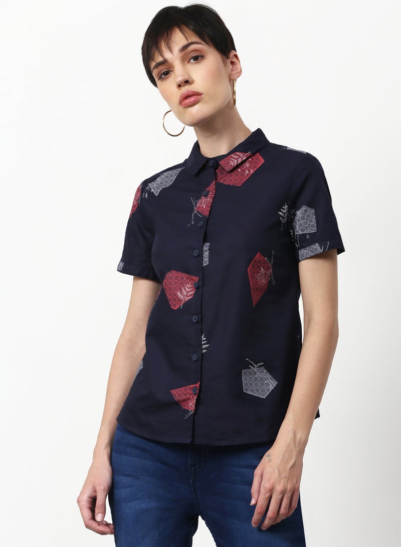 ABOF Printed Regular Fit Woven Short Sleeve Shirt Navy  - Image 1