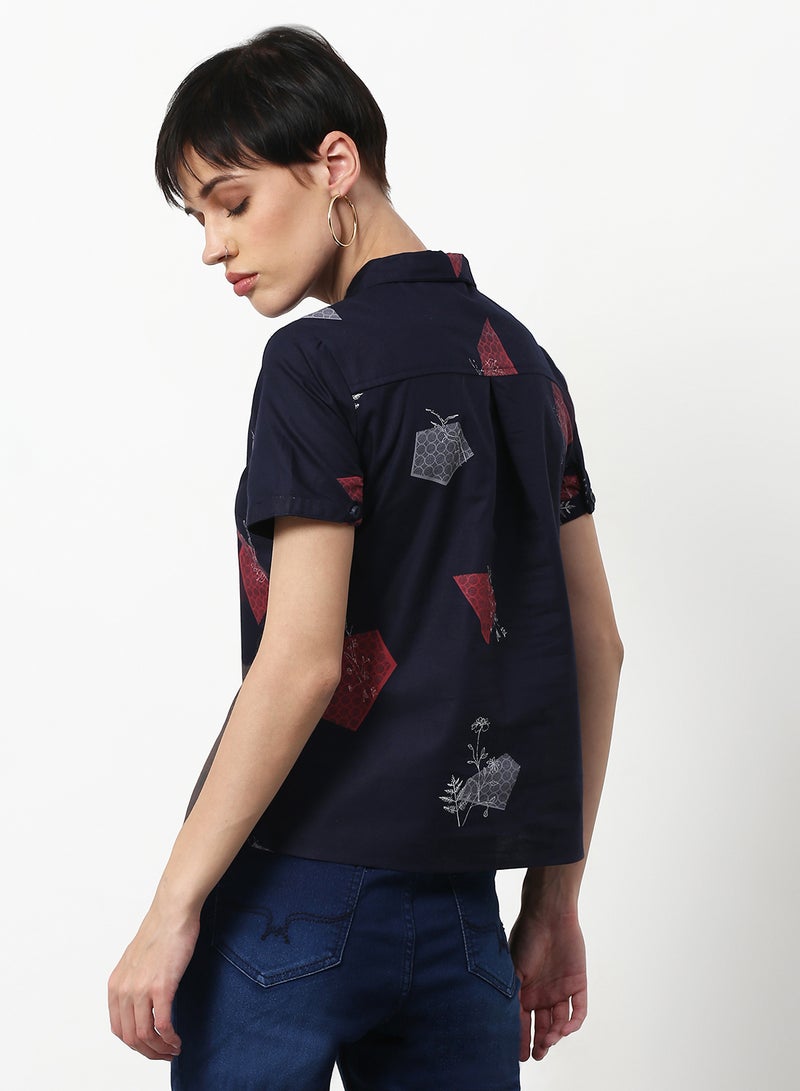 ABOF Printed Regular Fit Woven Short Sleeve Shirt Navy  - Image 2