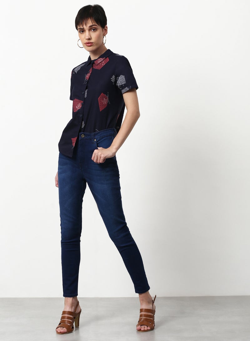 ABOF Printed Regular Fit Woven Short Sleeve Shirt Navy  - Image 3