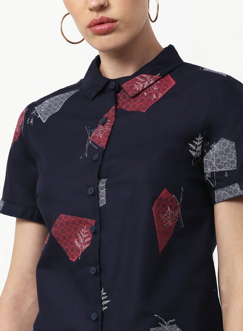 ABOF Printed Regular Fit Woven Short Sleeve Shirt Navy  - Image 4