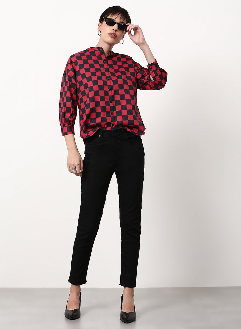 ABOF - Checked Pattern Regular Fit Woven Top Pink - Image 1