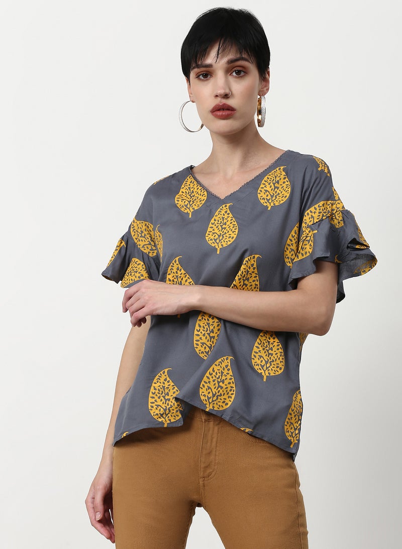 ABOF Printed Regular Fit Woven Top Dark Grey  - Image 1