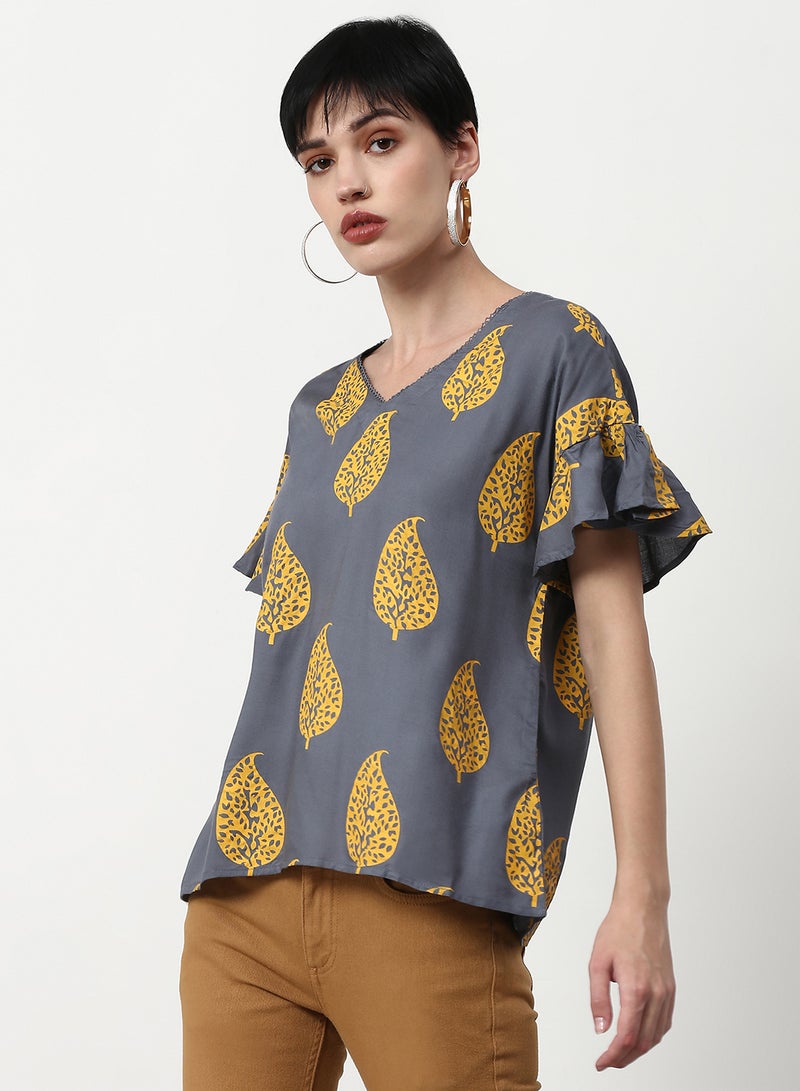 ABOF Printed Regular Fit Woven Top Dark Grey  - Image 2