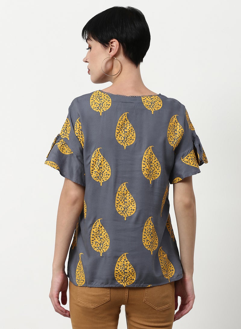ABOF Printed Regular Fit Woven Top Dark Grey  - Image 3