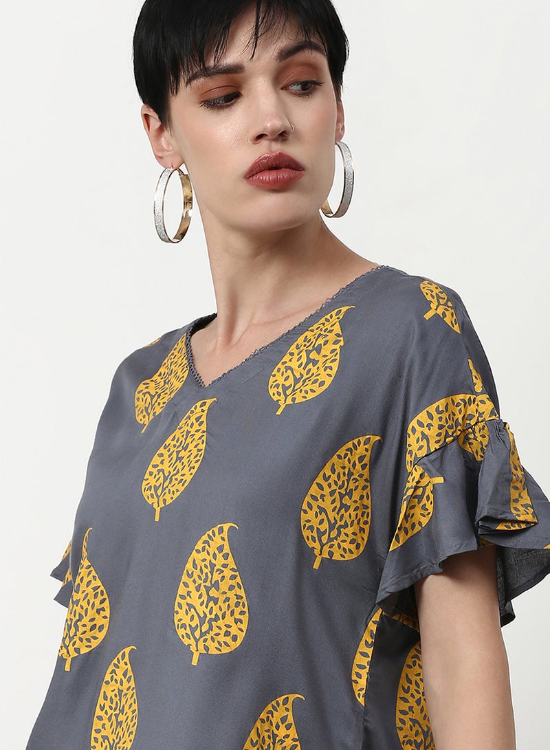 ABOF Printed Regular Fit Woven Top Dark Grey  - Image 5