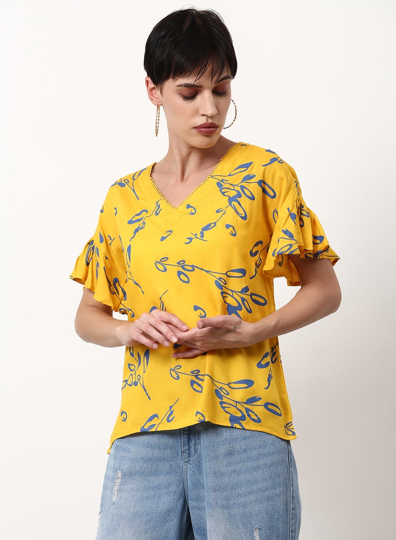 ABOF Printed Regular Fit Woven Top Yellow  - Image 1