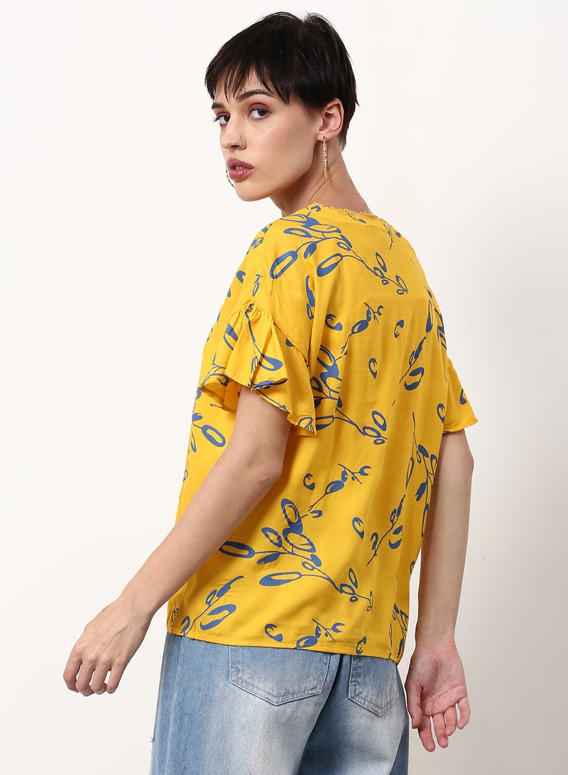 ABOF Printed Regular Fit Woven Top Yellow  - Image 2