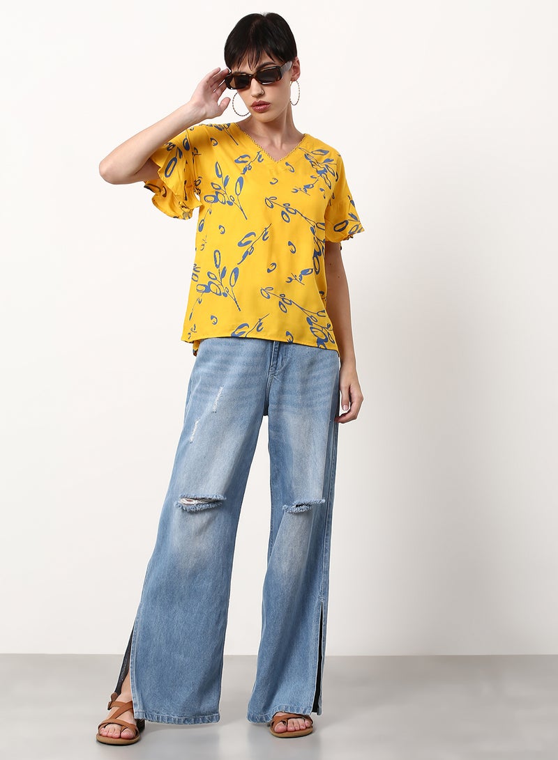 ABOF Printed Regular Fit Woven Top Yellow  - Image 3