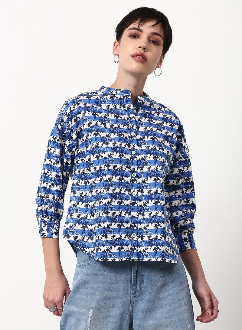 ABOF Printed Regular Fit Woven Top Multicolor Blue/White/Black - Image 1