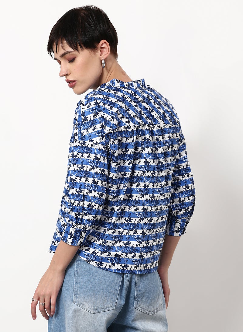 ABOF Printed Regular Fit Woven Top Multicolor Blue/White/Black - Image 2