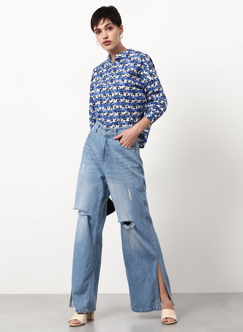 ABOF Printed Regular Fit Woven Top Multicolor Blue/White/Black - Image 3