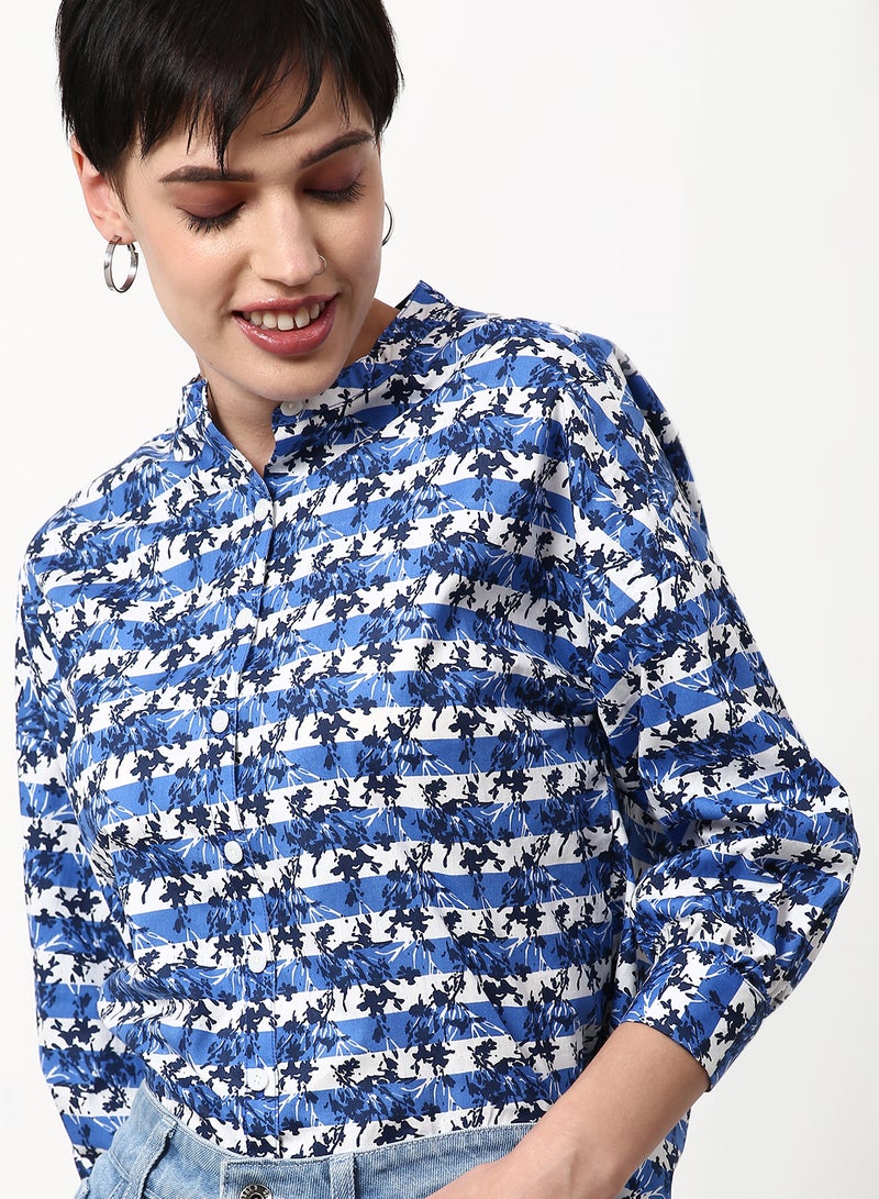 ABOF Printed Regular Fit Woven Top Multicolor Blue/White/Black - Image 4