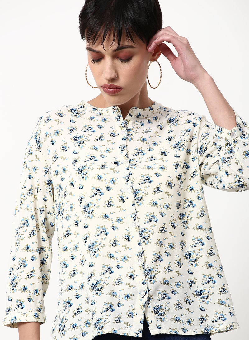 ABOF Floral Printed Regular Fit Woven Top Multicolor White/Blue - Image 4