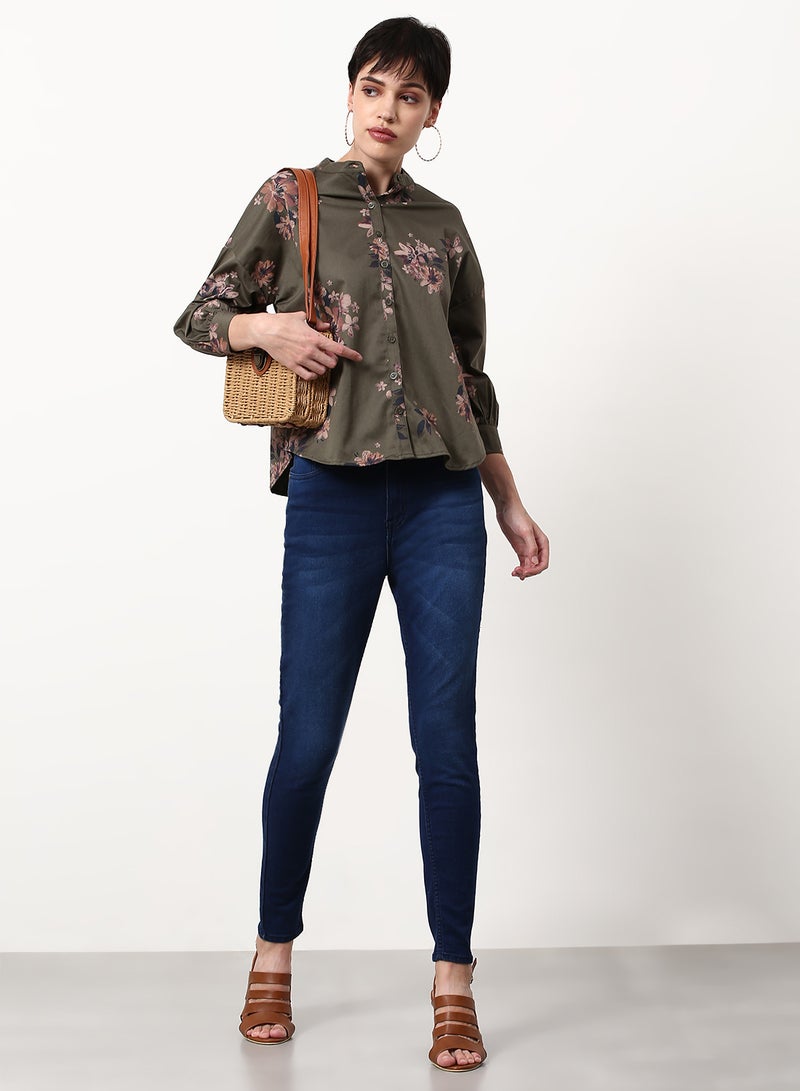 ABOF Floral Printed Regular Fit Woven Top Olive Green  - Image 3