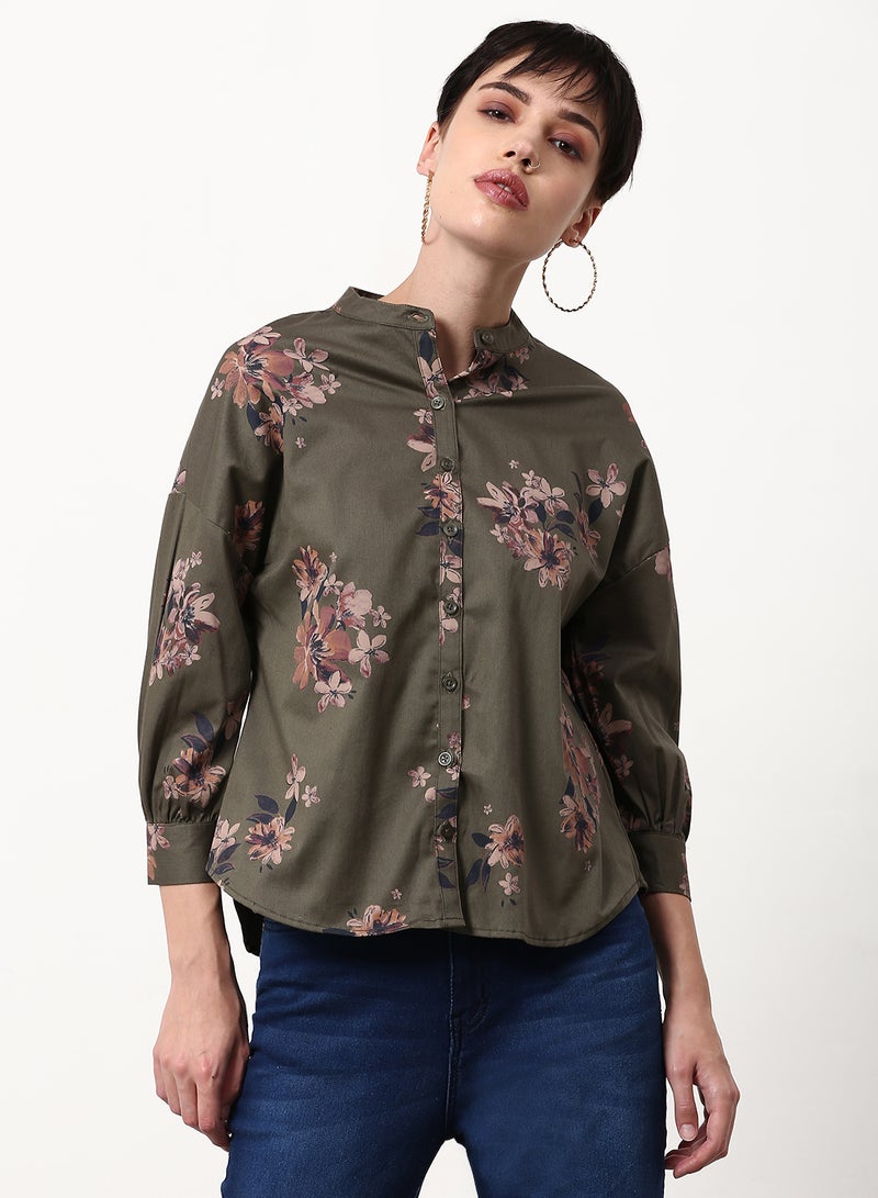 ABOF Floral Printed Regular Fit Woven Top Olive Green  - Image 1