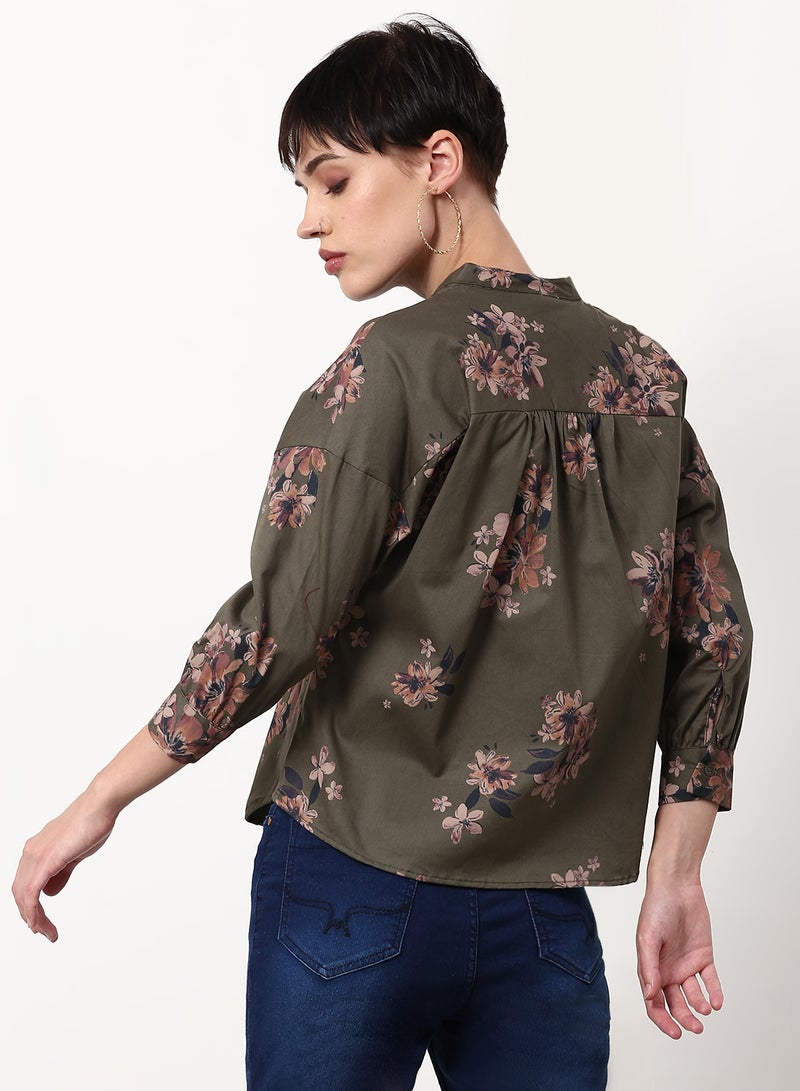 ABOF Floral Printed Regular Fit Woven Top Olive Green  - Image 2