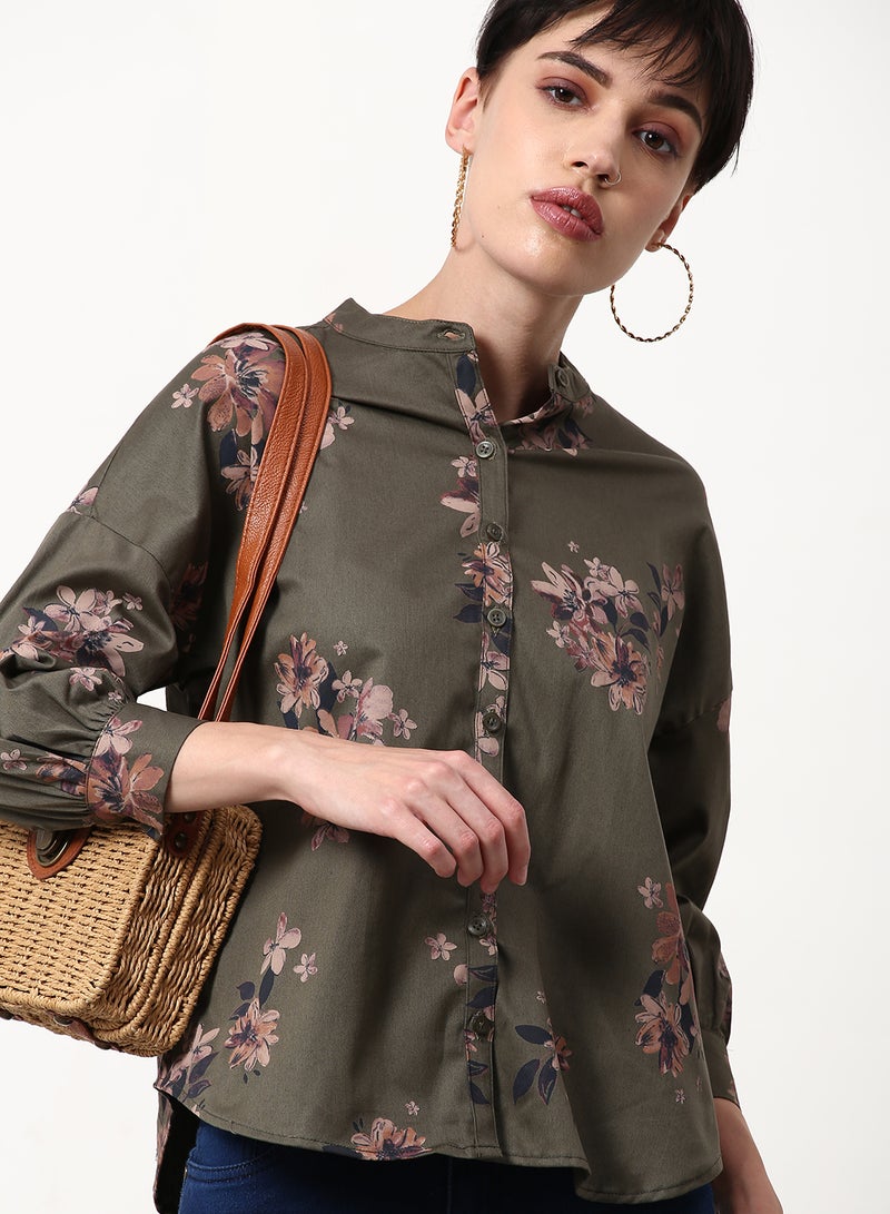 ABOF Floral Printed Regular Fit Woven Top Olive Green  - Image 4