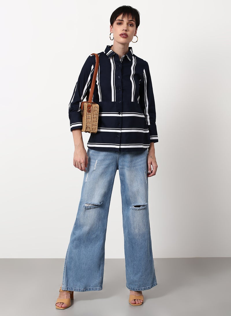ABOF Striped Pattern Regular Fit Woven Top Navy  - Image 3
