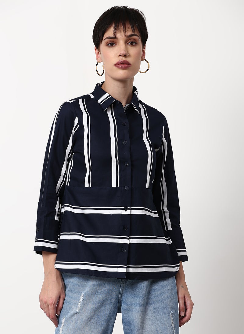 ABOF Striped Pattern Regular Fit Woven Top Navy  - Image 1
