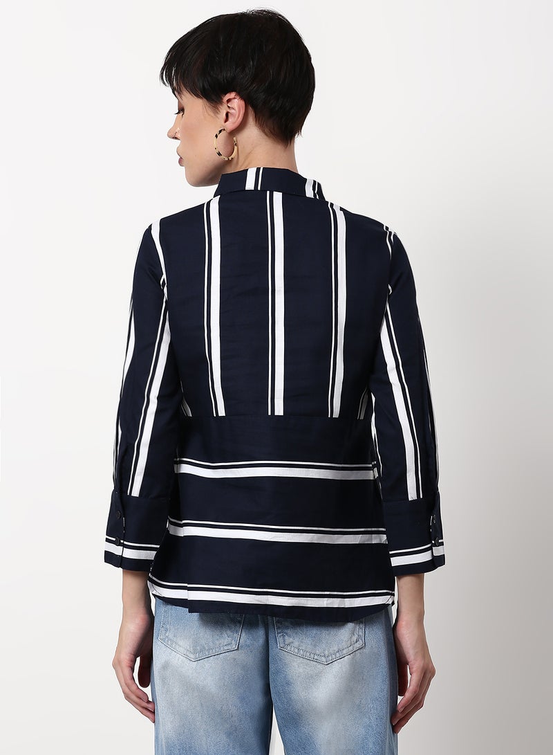 ABOF Striped Pattern Regular Fit Woven Top Navy  - Image 2