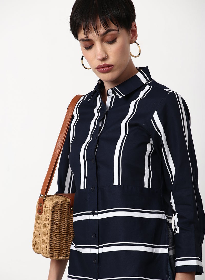 ABOF Striped Pattern Regular Fit Woven Top Navy  - Image 4