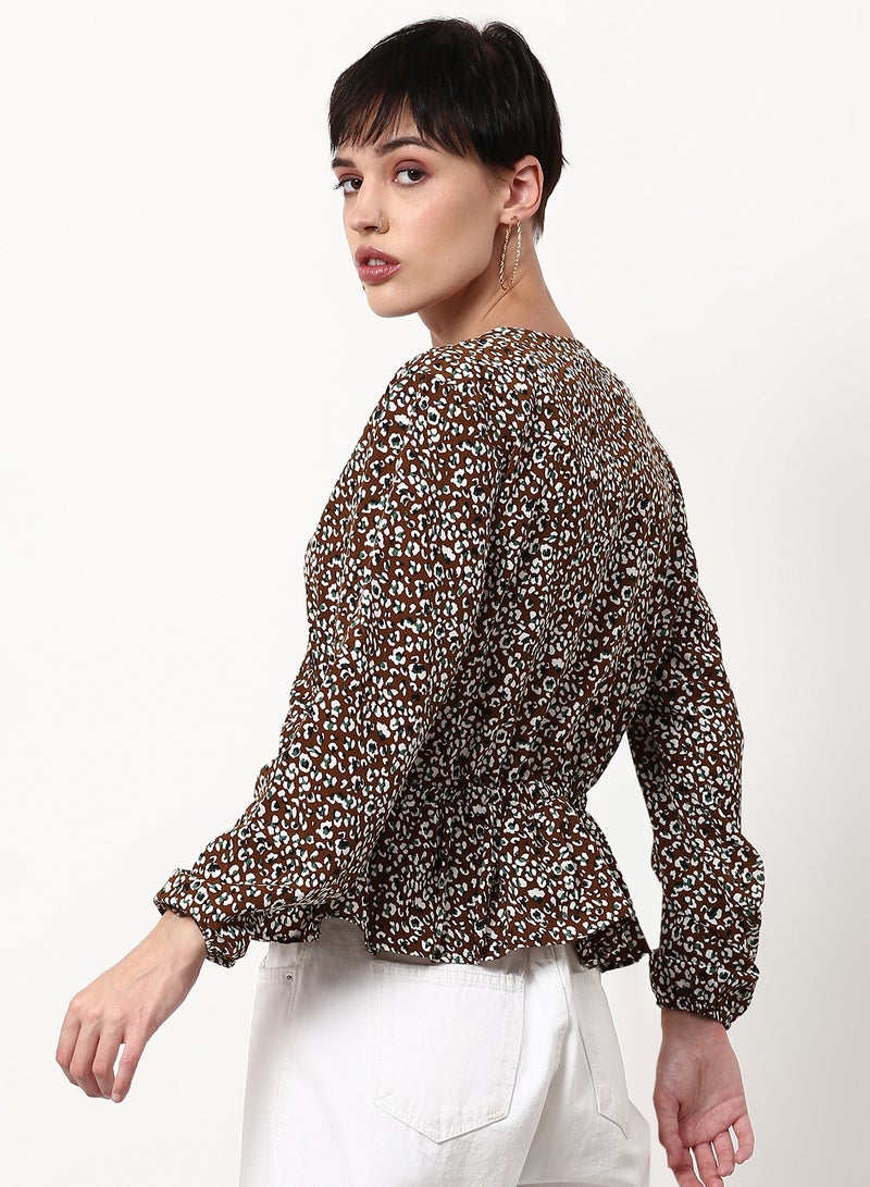 ABOF Printed Regular Fit Woven Top Khaki - Image 2