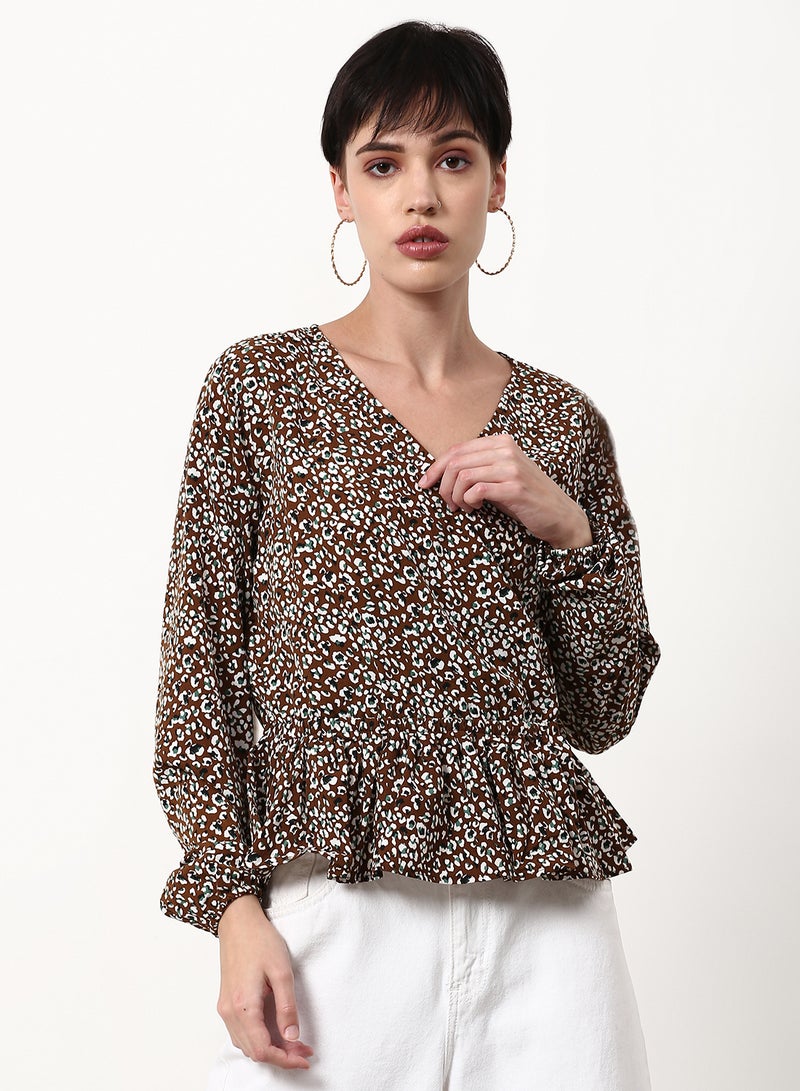 ABOF Printed Regular Fit Woven Top Khaki - Image 1