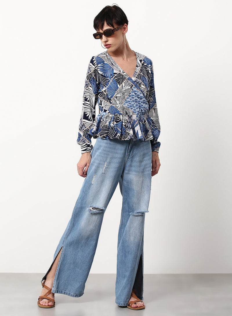ABOF - Printed Regular Fit Woven Top Blue/White/Black - Image 1