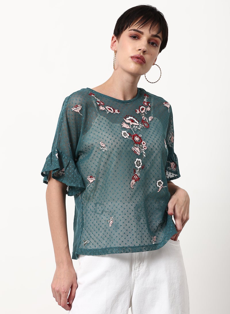 ABOF Embroidered Regular Fit Woven Top Green  - Image 1
