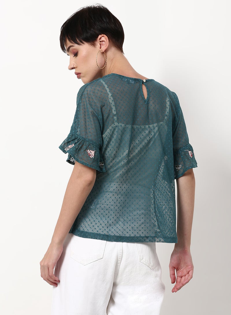 ABOF Embroidered Regular Fit Woven Top Green  - Image 2