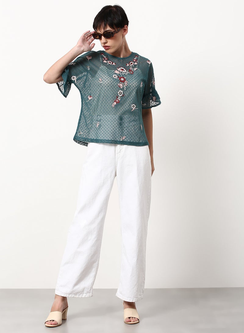 ABOF Embroidered Regular Fit Woven Top Green  - Image 3