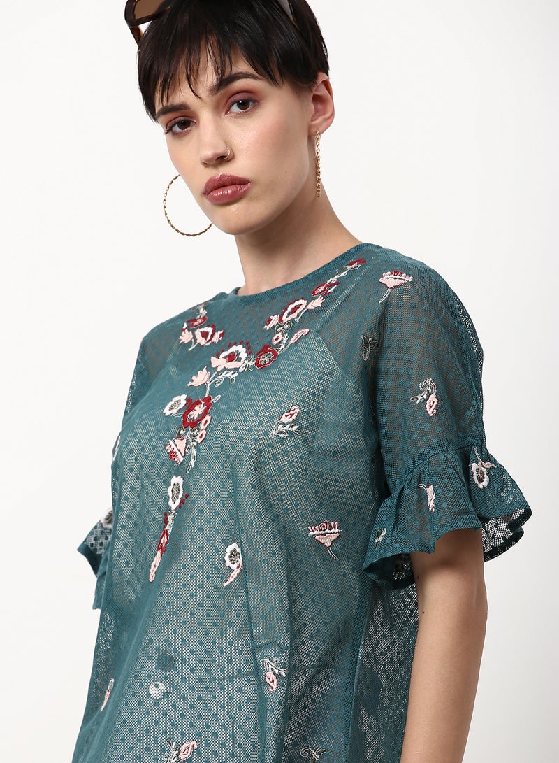 ABOF Embroidered Regular Fit Woven Top Green  - Image 4