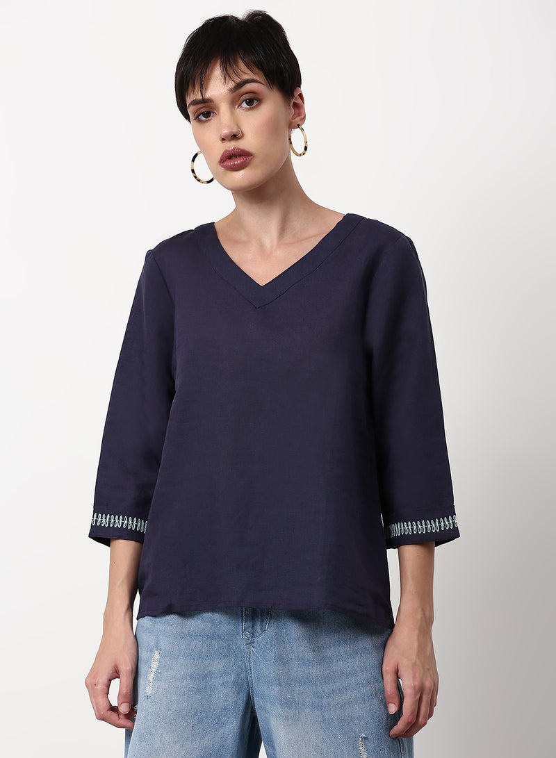 ABOF Solid Pattern Regular Fit Woven Top Navy Blue  - Image 1