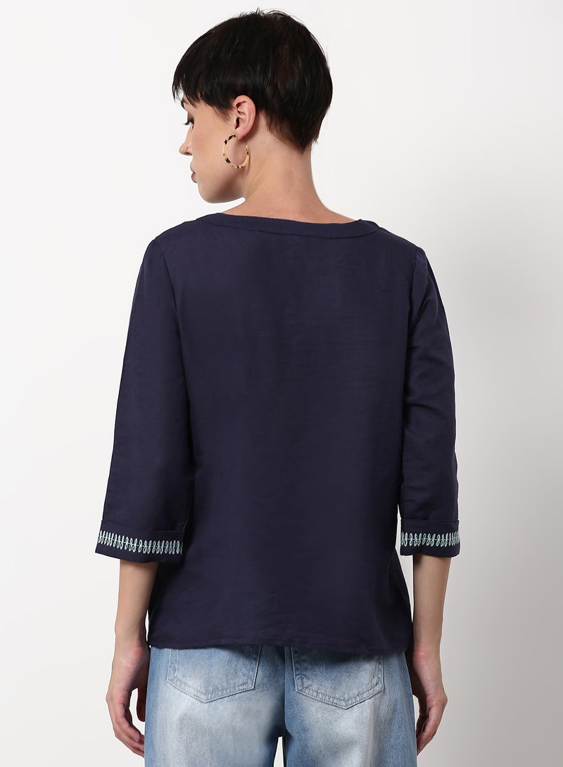 ABOF Solid Pattern Regular Fit Woven Top Navy Blue  - Image 2