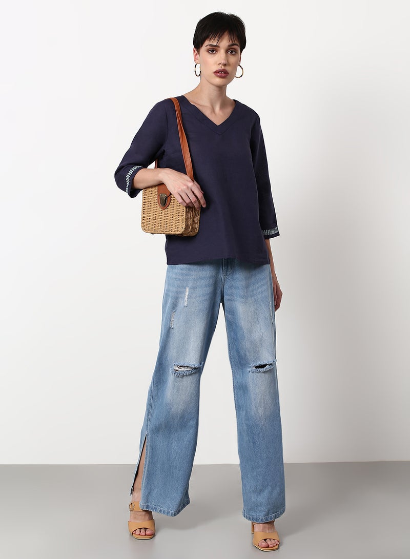 ABOF Solid Pattern Regular Fit Woven Top Navy Blue  - Image 3