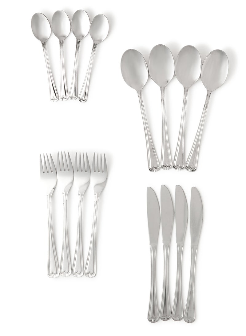 Noon East - 16 Pc Set 16 Piece Cutlery Set - Made Of Stainless Steel - Silverware Flatware - Spoons And Forks Set, Spoon Set - Table Spoons, Tea Spoons, Forks, Knives - Serves 4 - Design Silver Classic Silver Classic - Image 1