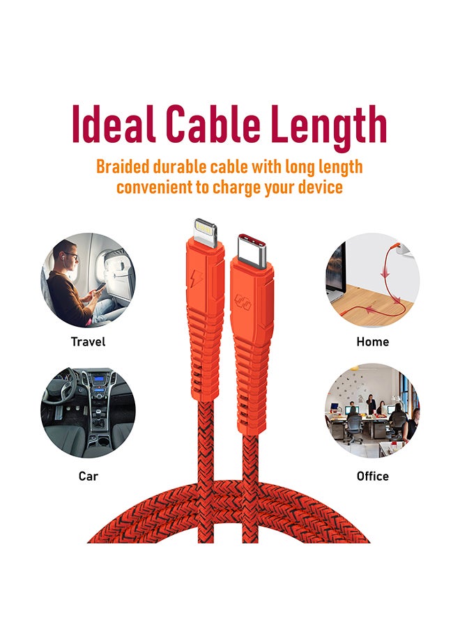 Moxedo - Velox Nylon USB-C to Lightning Fast Charge & Data Sync Braided Cable 2m Orange - Image 1