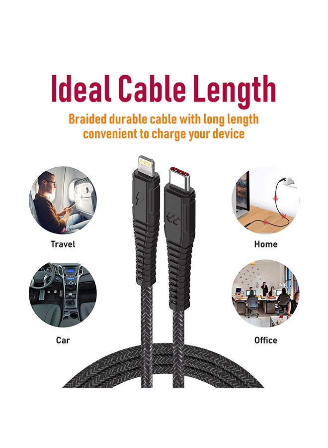 Moxedo - Velox Nylon USB-C to Lightning Fast Charge & Data Sync Braided Cable 3m Black - Image 1