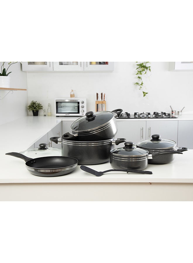 Royalford 10 Pcs Non Stick Cookware Set Strong Aluminium Body, 3 Layer Construction, Cd Bottom, Tempered Glass Lid With Steel Frame Black 28x14.5cm  - Image 3