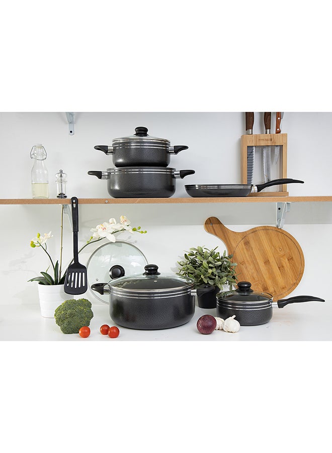 Royalford 10 Pcs Non Stick Cookware Set Strong Aluminium Body, 3 Layer Construction, Cd Bottom, Tempered Glass Lid With Steel Frame Black 28x14.5cm  - Image 4