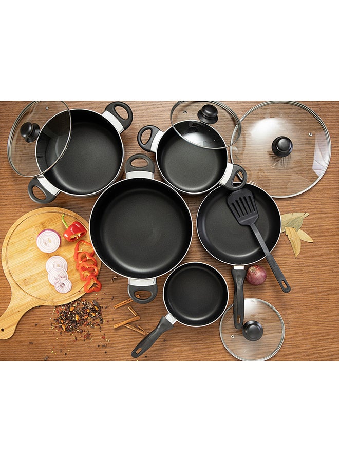 Royalford 10 Pcs Non Stick Cookware Set Strong Aluminium Body, 3 Layer Construction, Cd Bottom, Tempered Glass Lid With Steel Frame Black 28x14.5cm  - Image 2