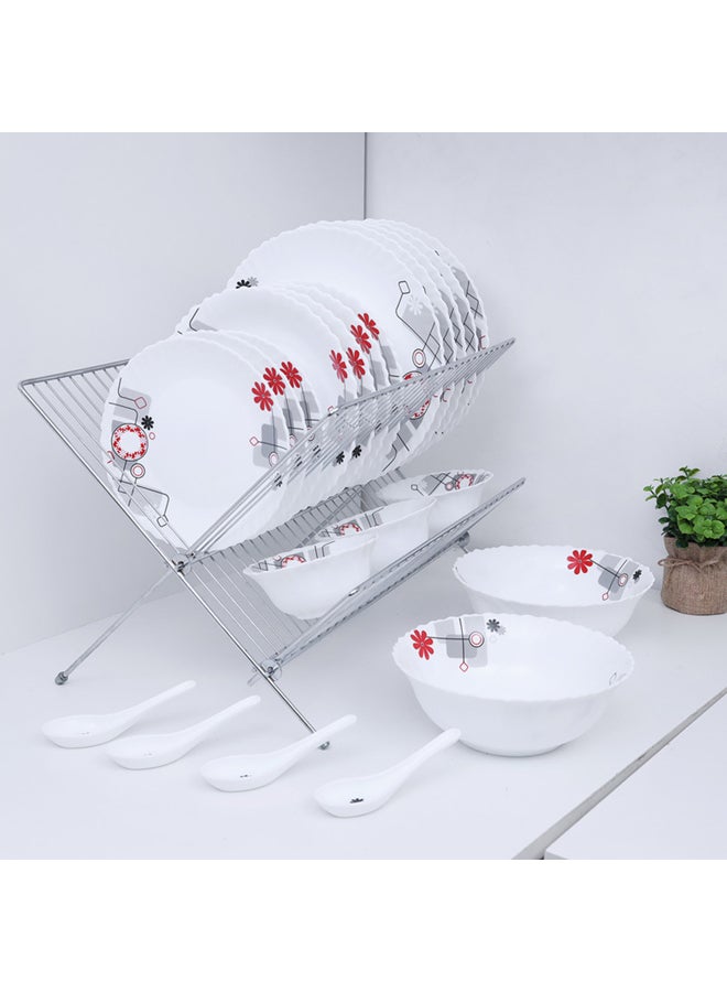 Royalford - 33-Piece Opal Ware Floral Dinner Set With 1X33 Cm Oval Plate, 6X27 Cm Dinner Plate, 6X22 Cm Soup Plate, 6X19 Cm Flat Plate, 2X20 Cm Salad Bowl, 6X13 Cm Salad Bowl, 6Xsoup Spoon, Serves 6 For Everyday Use, White White/Black/Red - Image 1