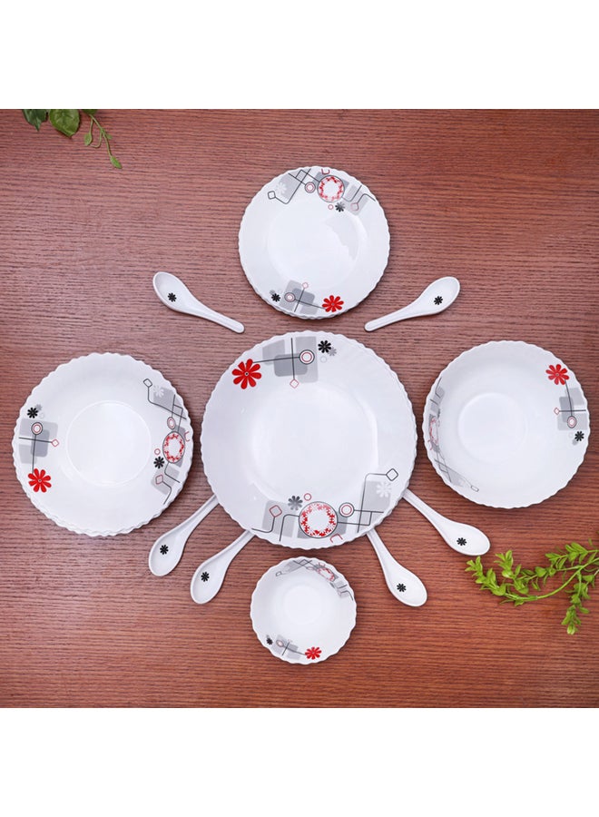 Royalford - 33-Piece Opal Ware Floral Dinner Set With 1X33 Cm Oval Plate, 6X27 Cm Dinner Plate, 6X22 Cm Soup Plate, 6X19 Cm Flat Plate, 2X20 Cm Salad Bowl, 6X13 Cm Salad Bowl, 6Xsoup Spoon, Serves 6 For Everyday Use, White White/Black/Red - Image 1
