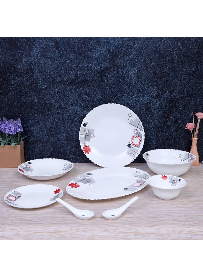 Royalford - 33-Piece Opal Ware Floral Dinner Set With 1X33 Cm Oval Plate, 6X27 Cm Dinner Plate, 6X22 Cm Soup Plate, 6X19 Cm Flat Plate, 2X20 Cm Salad Bowl, 6X13 Cm Salad Bowl, 6Xsoup Spoon, Serves 6 For Everyday Use, White White/Black/Red - Image 1