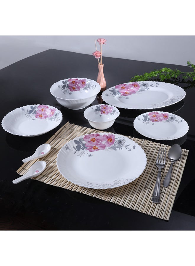 Royalford - 33-Piece Opalware Dinner Set White/Pink/Green Oval Plate 13 inch, Dinner Plate 6x10.5 inch, Soup Plate 6x8.5 inch, Flat Plate 6x7.5 inch, Salad Bowl 2x8 inch, Salad Bowl 6x5inch - Image 1