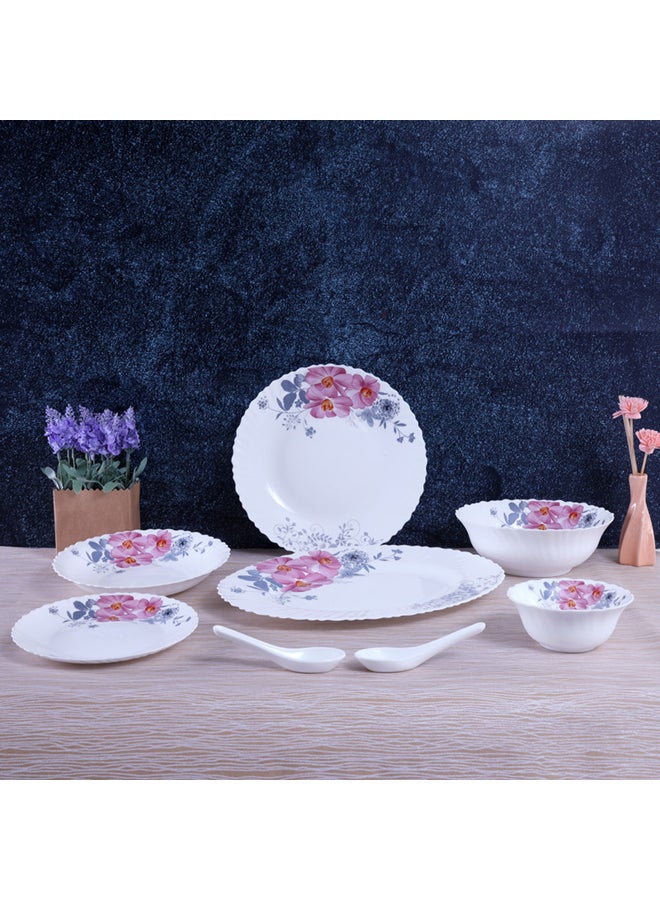Royalford - 33-Piece Opalware Dinner Set White/Pink/Green Oval Plate 13 inch, Dinner Plate 6x10.5 inch, Soup Plate 6x8.5 inch, Flat Plate 6x7.5 inch, Salad Bowl 2x8 inch, Salad Bowl 6x5inch - Image 1