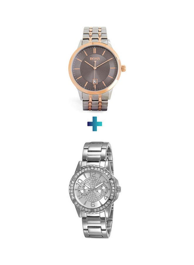 جس ساعة يد ساسي بعقارب مقاومة للماء طراز W0705L1 مع ساعة يد بعقارب بلون فضي وذهبي وردي للنساء - Image 1