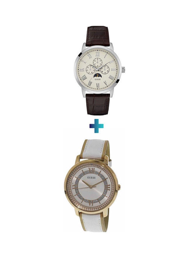 جس ساعة يد بعقارب وسوار من الجلد طراز U0934L1 مع ساعة ديلانسي بعقارب طراز W0870G1 للنساء - Image 1