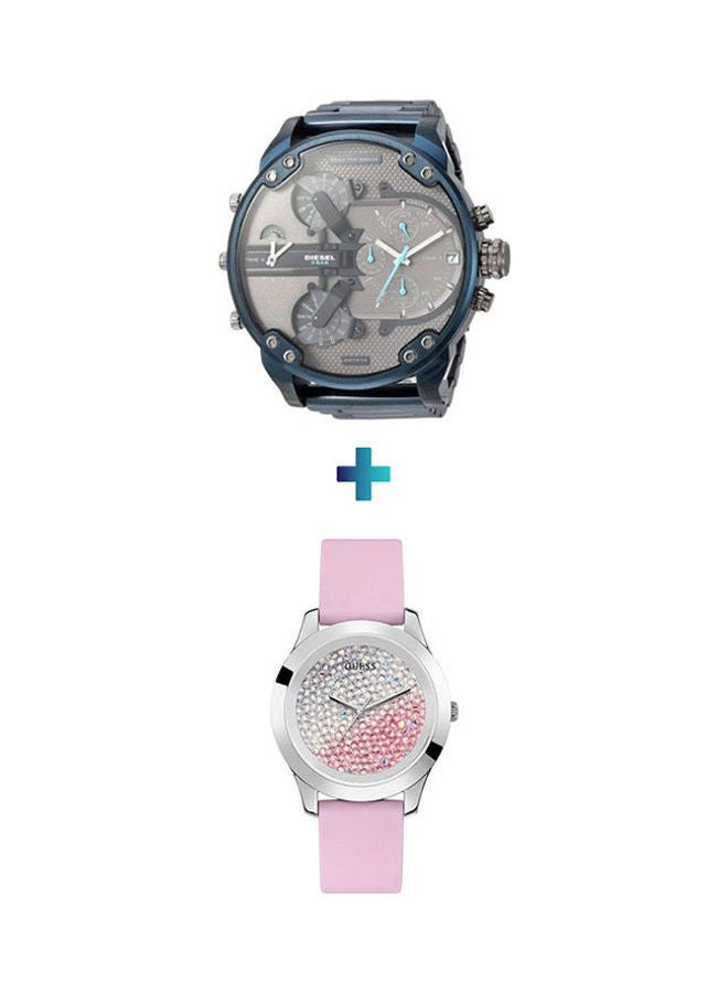 جس طقم ساعة يد بعقارب بسوار مطاطي طراز W1223L1 مع ساعة كرونوغراف مستر دادي 2 طراز Dz7414 للنساء - Image 1